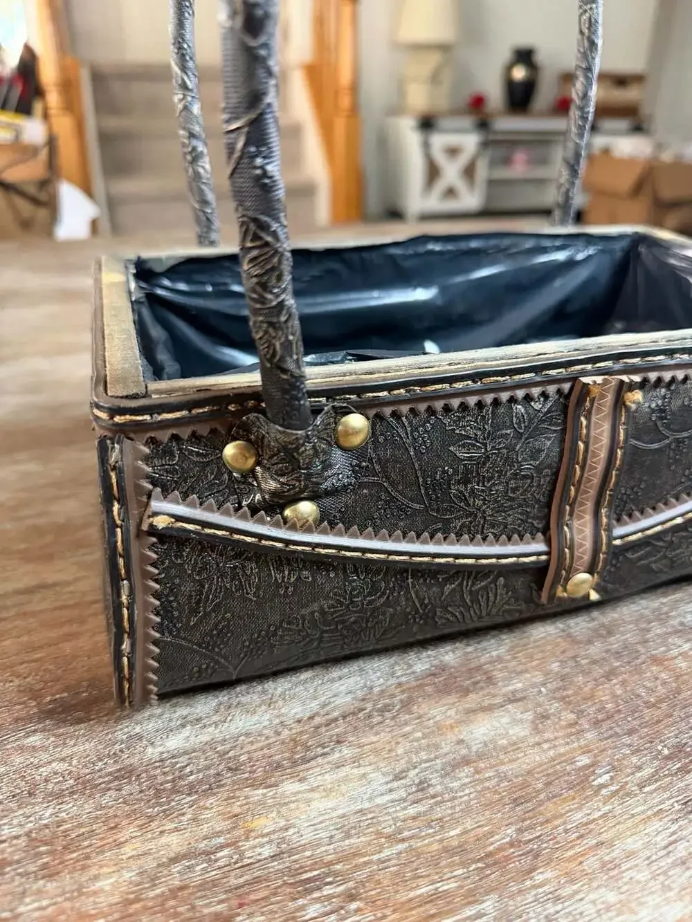 Faux Leather Embossed Floral Purse Style Decorative Planter Basket